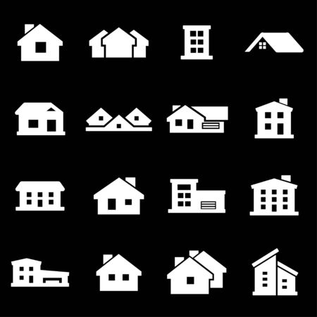 Vector white house icons set on black backgroundのイラスト素材