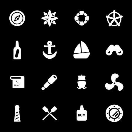 Vector white nautical icons set on black backgroundのイラスト素材