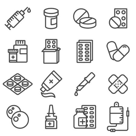 Vector pills capsules and bottles icons set. Line symbolsのイラスト素材