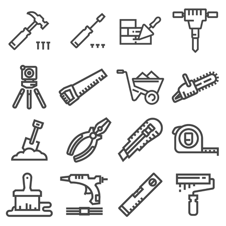 Vector Set of Modern Thin Outline Construction Working Tools and Industrial Items. Vector illustrationsのイラスト素材