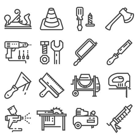 Vector Set of Modern Thin Outline Construction Working Tools and Industrial Items. Vector illustrationsのイラスト素材