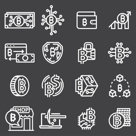 Set of Thin Line Stroke Vector Bitcoin and Cryptocurrency Icons on Gray Backgroundのイラスト素材