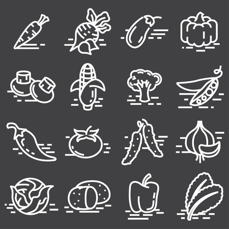 Vegetables icons line set with radish, pumpkin, potato, celery isolated vector illustrationのイラスト素材