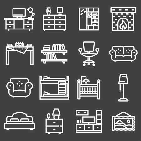 Basic Furniture icon set in thin line style on black background.のイラスト素材