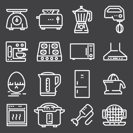 Simple Set of Kitchen Appliances Related Vector Line Icons. Contains such Icons as Meat Grinder, Boiler, Multi Cookerのイラスト素材