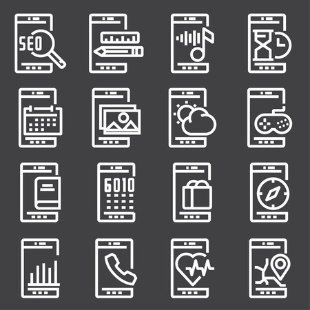 Illustration of white mobile apps icons on a dark gray backgroundのイラスト素材