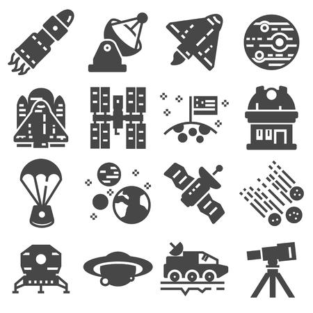 Space icon set. Star stations and spaceships symbols on white backgroundのイラスト素材