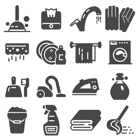 Cleaning service, icon set, services for cleaning and laundry in various rooms. Icons for the websiteのイラスト素材