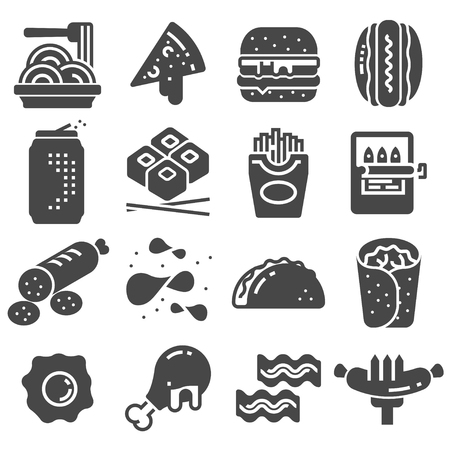 Vector black fast food icon set on white backgroundのイラスト素材