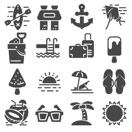 Set of cute summer icons. Food, drinks, palm leaves, fruits and moreのイラスト素材