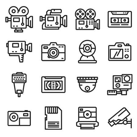 Vector line video and camera icons set. Action camera, film, record , security camera and otherのイラスト素材