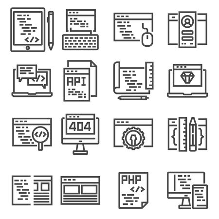 Set of vector web development line icons on white backgroundのイラスト素材