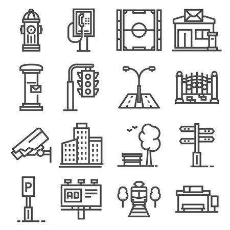 Vector line city elements icons set. Hydrant, traffic light, garden fence, parking sign and moreのイラスト素材