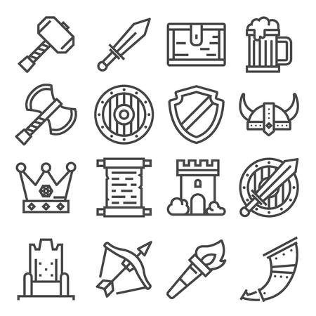 Knight medieval history vector icons set. Middle ages warrior weapons.のイラスト素材