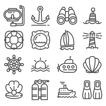 Vector Nautical, marine and sea thin line icons setのイラスト素材