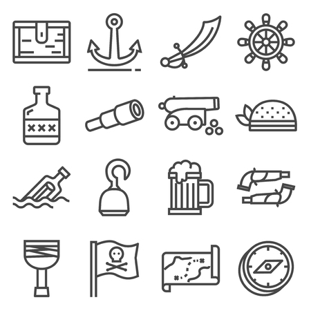pirates icons set. Sabre, bandanna, hook, treasure chest cannon anchor map rumのイラスト素材