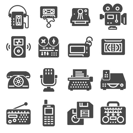 Retro multimedia flat simple gray icons set. Vector illustrationsのイラスト素材