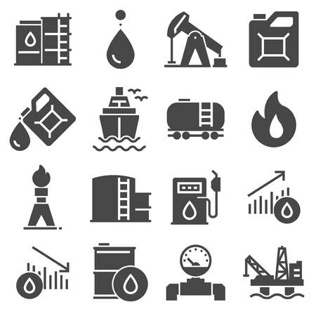 Petrol icons set. Oil pump and petrol icons with oil drop, tanker shipのイラスト素材