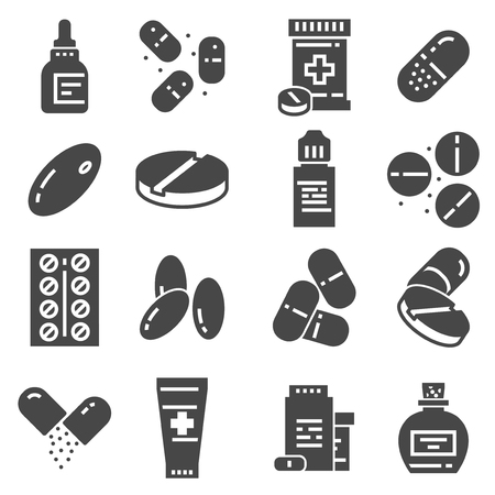 Medical Pills capsules and bottles icons vector set on white backgroundのイラスト素材