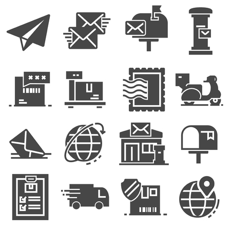 Postal service set of gray icons on white backgroundのイラスト素材