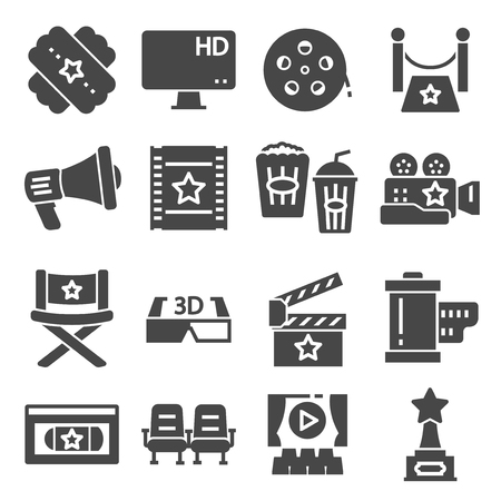 Set of Cinema and Entertainment Vector Icons with Movie Theater, Film Strip, Popcorn, Video Clip, 3d Glasses and moreのイラスト素材
