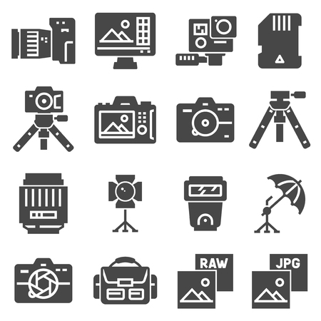 Photography icons set. Digital photo camera equipment.のイラスト素材