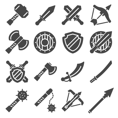 Medieval weapons and armors set. Medieval warrior equipment. Sword, sabre, dagger, axe, male and moreのイラスト素材