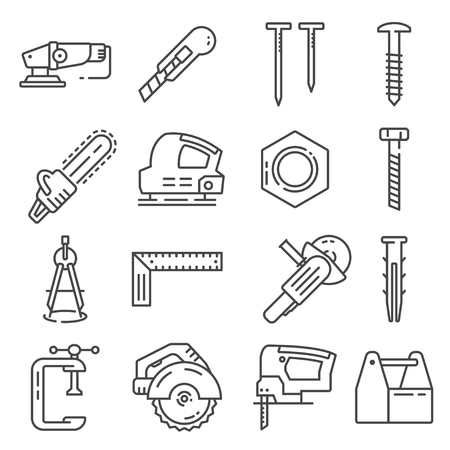 Carpentry industry equipment icons flat set with toolbox furniture vector illustrationのイラスト素材