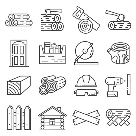 Timber industry icon set. Lline style collection of woodwork tools, carpentry job on white backgroundのイラスト素材