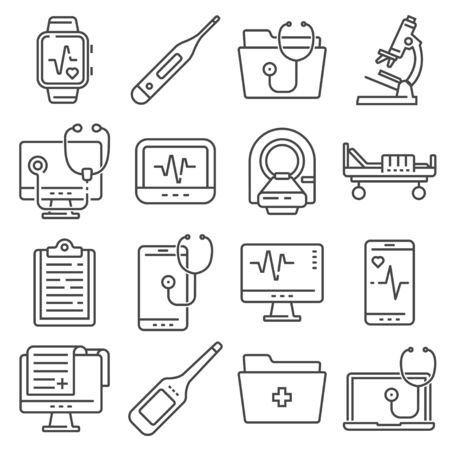 Medical line icons set on white background. Digital thermometer, microscope, mrt, report and moreのイラスト素材