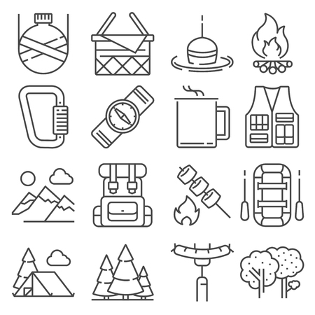 Line Camping and outdoor recreation icons set on white backgroundのイラスト素材