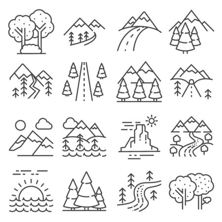 Nature Landscape Icons, Thin Line Style. Forest and valley, park image, rural and agriculture farming environmentのイラスト素材