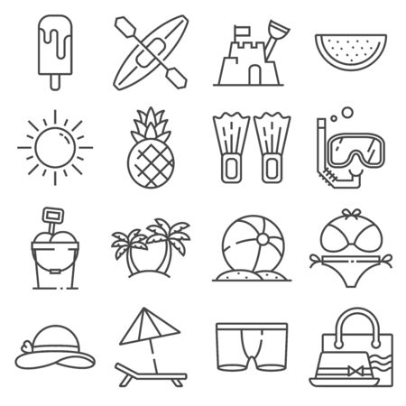 Summer icons gray thin line set on white backgroundのイラスト素材