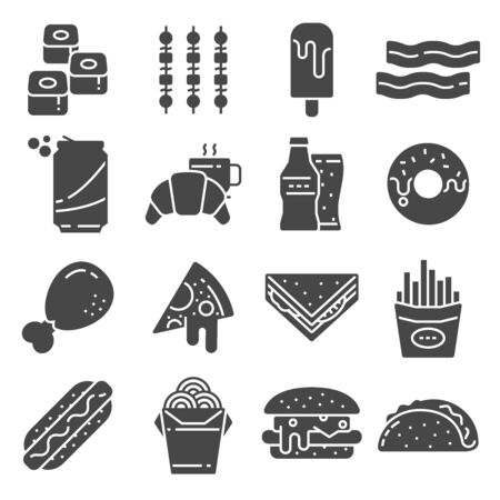 Set of Fast Food Vector Icons. Contains such Icons as Pizza, Tacosのイラスト素材