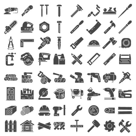 Carpentry industry equipment icons flat set on white backgroundのイラスト素材