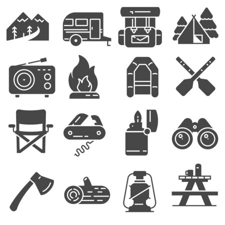 Hiking and Camping Icons Set on white backgroundのイラスト素材