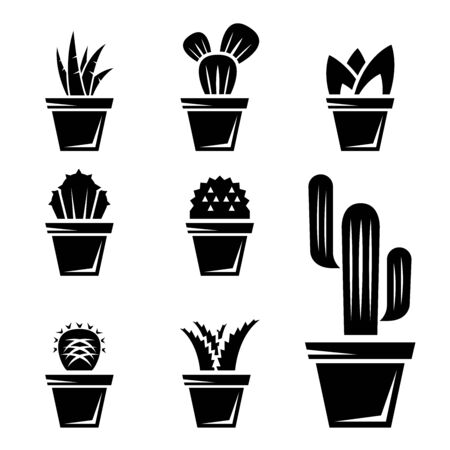 Vector black cactus icons set on White Backgroundのイラスト素材
