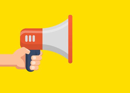 Male hand holding megaphone. Flat design. Can be used business company for social media, networks, promotion and advertising.のイラスト素材