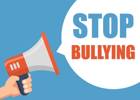 Stop Bullying - Male hand holding megaphone. Flat design. Can be used business company for social media, networks, promotion and advertising.のイラスト素材