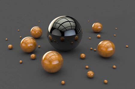 3D balls with a glossy coating on a gray emptyの写真素材
