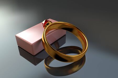 3D rendering illustration of a model of a gold ring with a precious stoneの写真素材