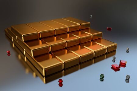 A stack of gold bars and precious stonesの写真素材