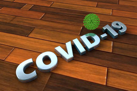 3D illustration COVID-19 metal text on parquet floor