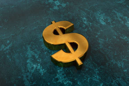3d illustration of a gold dollar sign on a dark background as a symbol of wealth and luxuryの写真素材
