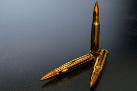 3D golden bullets for a rifle on a dark surface in a dark space