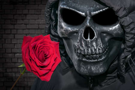 Ominous form of death with a red rose on a brick wall background. Man in a skull mask and a flower in his handsの写真素材