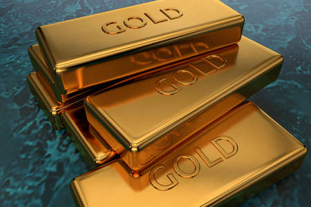 3D rendering. Gold bars stacked in a large pile in a bank vaultの写真素材