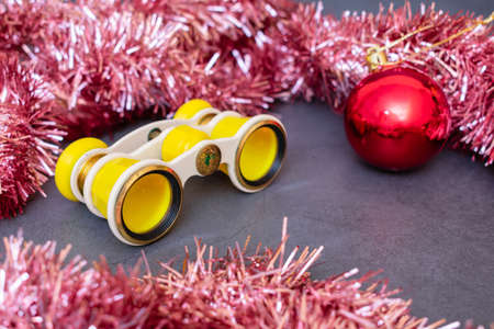 Vintage Shabby Theater Binoculars and Holiday Christmas Decorations for New Year's Eve Performance