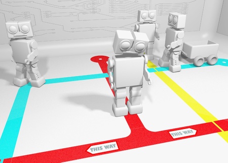 Robot cant decide which way to go because of opposing directionsの写真素材