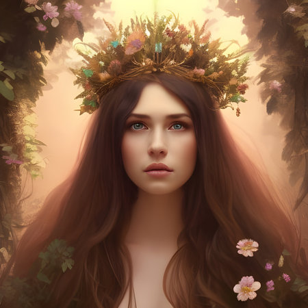 Beautful brunette woman in the forest with natural crown of flowersの素材